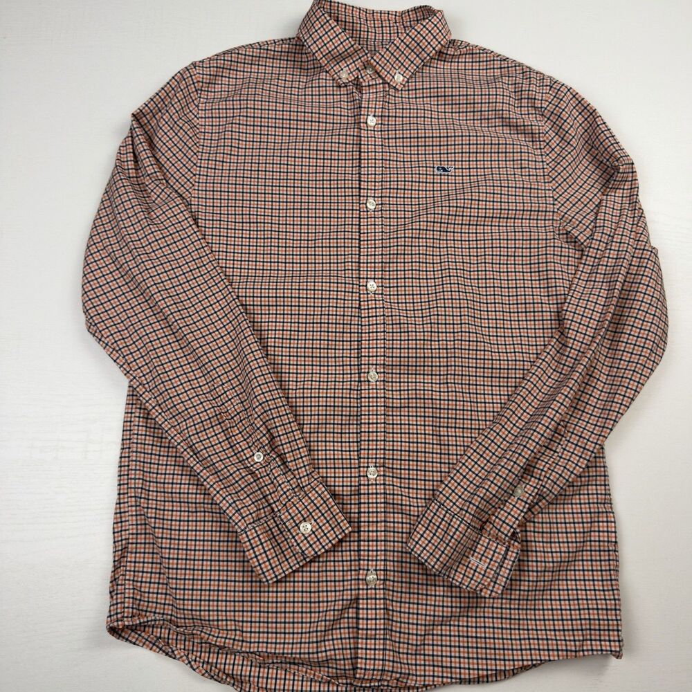 Vineyard Vines Boys L 16 On-The-Go Performance Shirt Orange Navy Plaid Brrr